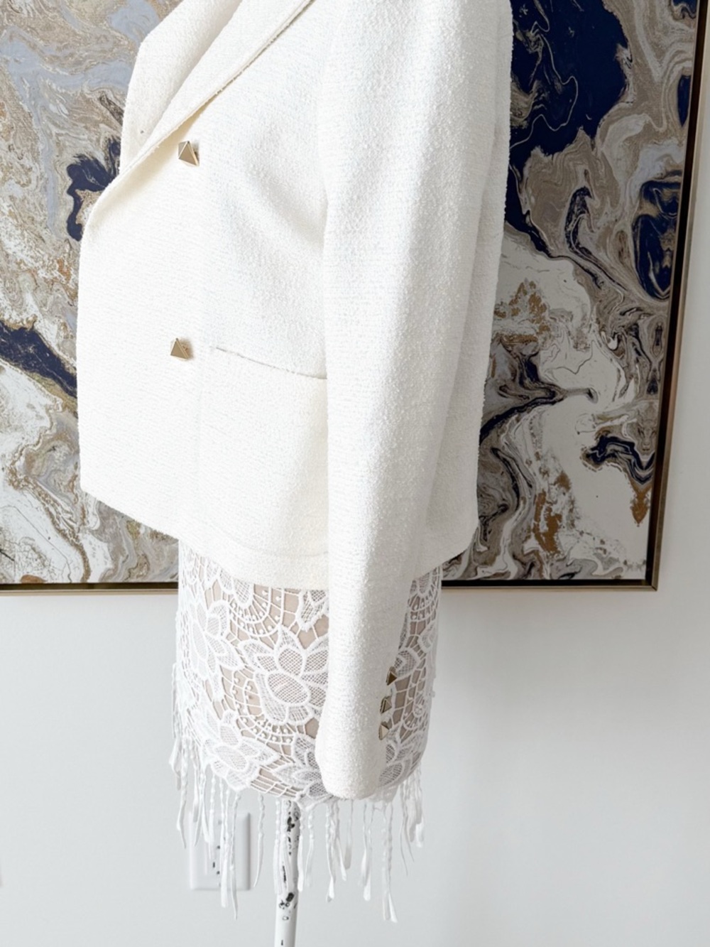 Valentino Cream Bouclé Double-Breasted Jacket with Gold Pyramid Buttons - Picture 5 of 16